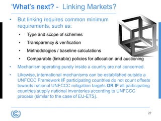 „What‟s next? - Linking Markets?
•    But linking requires common minimum
     requirements, such as:
      •   Type and scope of schemes
      •   Transparency & verification
      •   Methodologies / baseline calculations
      •   Comparable (linkable) policies for allocation and auctioning
•    Mechanism operating purely inside a country are not concerned.
•    Likewise, international mechanisms can be established outside a
     UNFCCC Framework IF participating countries do not count offsets
     towards national UNFCCC mitigation targets OR IF all participating
     countries supply national inventories according to UNFCCC
     process (similar to the case of EU-ETS).


                                                                         27
 