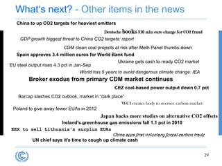 What„s next? - Other items in the news
   China to up CO2 targets for heaviest emitters
                                             Deutsche books 310 mln euro charge for CO2 fraud
     GDP growth biggest threat to China CO2 targets: report
                          CDM clean coal projects at risk after Meth Panel thumbs-down
   Spain approves 3.4 million euros for World Bank fund
                                                   Ukraine gets cash to ready CO2 market
EU steel output rises 4.3 pct in Jan-Sep
                                  World has 5 years to avoid dangerous climate change: IEA
         Broker exodus from primary CDM market continues
                                                  CEZ coal-based power output down 0.7 pct
   Barcap slashes CO2 outlook, market in “dark place”
                                                    WCI creates body to oversee carbon market
 Poland to give away fewer EUAs in 2012
                                           Japan backs more studies on alternative CO2 offsets
                  Ireland's greenhouse gas emissions fall 1.1 pct in 2010
EEX to sell Lithuania's surplus EUAs
                                                 China sees first voluntary forest carbon trade
           UN chief says it's time to cough up climate cash


                                                                                                29
 