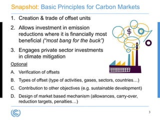 Snapshot: Basic Principles for Carbon Markets
1. Creation & trade of offset units
2. Allows investment in emission
   reductions where it is financially most
   beneficial (“most bang for the buck”)
3. Engages private sector investments
   in climate mitigation
Optional
A. Verification of offsets
B. Types of offset (type of activities, gases, sectors, countries…)
C. Contribution to other objectives (e.g. sustainable development)
D. Design of market based mechanism (allowances, carry-over,
   reduction targets, penalties…)

                                                                      3
 