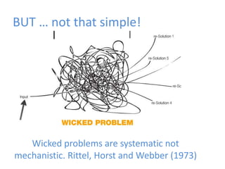 BUT … not that simple!
     Environment




                             Well-being


   Wicked problems are systematic not
mechanistic. Rittel, Horst and Webber (1973)
 