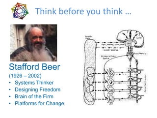 Think before you think …
       Environment




Stafford Beer
(1926 – 2002)
• Systems Thinker        Well-being
• Designing Freedom
• Brain of the Firm
• Platforms for Change
 