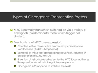 Types of Oncogenes: Transcription factors.


 MYC is normally transiently switched on via a variety of
  cell signals (predominantly those which trigger cell
  division);

 Mechanisms of MYC overexpression:
   Coupled with a more active promoter by chromosome
    translocation (Burkitt’s lymphoma)
   Removal of the 3’ UTR destabilizing sequences, resulting in
    an elevation of MYC mRNA;
   Insertion of retroviruses adjacent to the MYC locus activates
    its expression via retroviral regulatory sequences
   Oncogenic RAS appears to stabilize the MYC
 