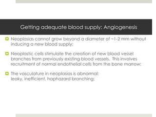 Getting adequate blood supply: Angiogenesis

 Neoplasias cannot grow beyond a diameter of ~1-2 mm without
  inducing a new blood supply;

 Neoplastic cells stimulate the creation of new blood vessel
  branches from previously existing blood vessels. This involves
  recruitment of normal endothelial cells from the bone marrow;

 The vasculature in neoplasias is abnormal:
  leaky, inefficient, haphazard branching;
 