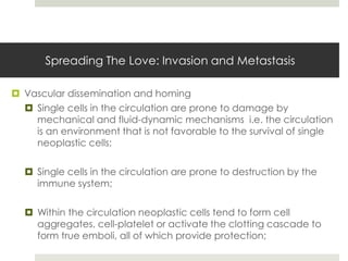 Spreading The Love: Invasion and Metastasis

 Vascular dissemination and homing
   Single cells in the circulation are prone to damage by
    mechanical and fluid-dynamic mechanisms i.e. the circulation
    is an environment that is not favorable to the survival of single
    neoplastic cells;

   Single cells in the circulation are prone to destruction by the
    immune system;

   Within the circulation neoplastic cells tend to form cell
    aggregates, cell-platelet or activate the clotting cascade to
    form true emboli, all of which provide protection;
 