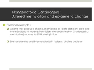 Nongenotoxic Carcinogens:
      Altered methylation and epigenetic change

 Classical examples:
   Agents that produce choline, methionine or folate deficient diets and
    liver neoplasia in rodents: insufficient metabolic methyl (S-adenosyl-L-
    methionine) sources for DNA methylation;


   Diethanolamine and liver neoplasia in rodents: choline depletor
 