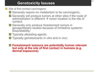Genotoxicity Issuses
 Site of first contact carcinogens:
    Generally require no metabolism to be carcinogenic;
    Generally will produce tumors at other sites if the route of
     administration is different  tumor location is the site of
     contact;
    Generally only produce forestomach tumors in
     gavage/dietary studies because of limited/no systemic
     bioavailability;
    Typically alkylating agents;
    Typically genotoxicants in vitro and in vivo;

    Forestomach tumours are potentially human relevant
     but only at the site of first contact in humans (e.g.
     dermal exposures)
 