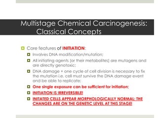 Multistage Chemical Carcinogenesis:
     Classical Concepts

 Core features of INITIATION:
   Involves DNA modification/mutation;
   All initiating agents (or their metabolites) are mutagens and
    are directly genotoxic;
   DNA damage + one cycle of cell division is necessary to fix
    the mutation i.e. cell must survive the DNA damage event
    and be able to replicate;
   One single exposure can be sufficient for initiation;
   INITIATION IS IRREVERSIBLE!
   INITATED CELLS APPEAR MORPHOLOGICALLY NORMAL: THE
    CHANGES ARE ON THE GENETIC LEVEL AT THIS STAGE!
 