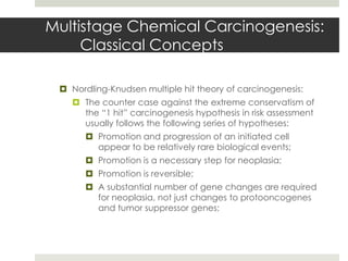 Multistage Chemical Carcinogenesis:
     Classical Concepts

  Nordling-Knudsen multiple hit theory of carcinogenesis:
    The counter case against the extreme conservatism of
     the “1 hit” carcinogenesis hypothesis in risk assessment
     usually follows the following series of hypotheses:
        Promotion and progression of an initiated cell
         appear to be relatively rare biological events;
        Promotion is a necessary step for neoplasia;
        Promotion is reversible;
        A substantial number of gene changes are required
         for neoplasia, not just changes to protooncogenes
         and tumor suppressor genes;
 