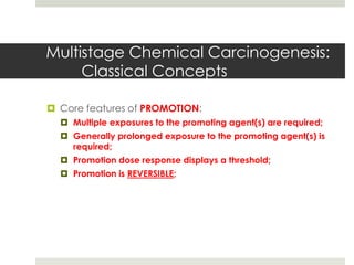 Multistage Chemical Carcinogenesis:
     Classical Concepts

 Core features of PROMOTION:
   Multiple exposures to the promoting agent(s) are required;
   Generally prolonged exposure to the promoting agent(s) is
    required;
   Promotion dose response displays a threshold;
   Promotion is REVERSIBLE;
 