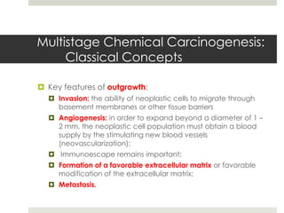 Multistage Chemical Carcinogenesis:
     Classical Concepts

 Key features of outgrowth:
   Invasion: the ability of neoplastic cells to migrate through
    basement membranes or other tissue barriers
   Angiogenesis: in order to expand beyond a diameter of 1 –
    2 mm, the neoplastic cell population must obtain a blood
    supply by the stimulating new blood vessels
    (neovascularization);
   Immunoescape remains important;
   Formation of a favorable extracellular matrix or favorable
    modification of the extracellular matrix;
   Metastasis.
 