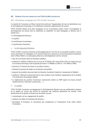 Note d’information – Introduction en bourse de CNIA SAADA Assurance 295
III. PERSPECTIVES DE CROISSANCE DE CNIA SAADA ASSURANCE
III.1. Orientations stratégiques de CNIA SAADA Assurance
Le marché de l’assurance au Maroc devrait être porté par l’augmentation du taux de pénétration avec
le développement économique et les différentes incitations réglementaires du secteur.
CNIA SAADA dispose d’un plan stratégique sur les 4 prochaines années visant à accompagner le
développement du secteur tout en améliorant sa rentabilité. Ce plan stratégique se décline sous 4
grands axes :
le développement Business ;
la qualité ;
la performance économique ;
la performance financière.
a. Le développement Business
CNIA SAADA Assurance baserait son développement de l’activité sur un ensemble de piliers visant à
mieux positionner la compagnie sur le marché marocain et poursuivre son positionnement notamment
dans le Mass Market. Les principaux piliers de ce développement sont les suivants :
faire de la croissance dans les branches rentables ;
améliorer le chiffres d’affaires non vie avec un TCAM de 10% entre 2010 et 2013 au même titre que
la croissance historique avant la période de fusion (+278Mdhs en 2007 et +331 Mdh en 2008) ;
poursuivre l’extension du réseau à un rythme soutenu ;
maintenir la position de leader sur la branche Automobile ;
proposer des produits innovants dans les branches Accidents Corporels et notamment la Maladie ;
améliorer l’efficacité commerciale par la mise en place d’une meilleure segmentation de la clientèle
et la proposition de packages adaptés.
Le déploiement du système d’animation commerciale réalisé en 2009 auprès du réseau exclusif
(amélioration de l’efficacité commerciale,…).
b. La qualité
CNIA SAADA Assurance accompagnerait le développement Business par une amélioration continue
de la qualité de service qui devrait lui permettre une meilleure pénétration du marché. Cette
amélioration de la qualité se baserait sur les points suivants :
communiquer sur nos engagements de qualité ;
améliorer les délais de traitement des dossiers ;
développer la formation, la valorisation des compétences et l’instauration d’une réelle culture
d’entreprise.
 
