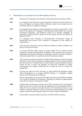 Note d’information – Introduction en bourse de CNIA SAADA Assurance 98
I. HISTORIQUE ET FAITS MARQUANTS DE CNIA SAADA ASSURANCE
1949 Création de la Compagnie Nord Africaine et Intercontinentale d’Assurances (CNIA).
1965 La Compagnie Nord Africaine et Intercontinentale d’Assurances devient filiale de la
Caisse de Dépôt et de Gestion (CDG) s’affirmant comme un des leaders dans les
activités de collecte et d’emploi de l’épargne.
1997 La Compagnie Nord Africaine et Intercontinentale d’Assurances est privatisée : l’Etat
cède 67% du capital de la Compagnie à Arab Insurance Group (ARIG) qui en devient
l’actionnaire majoritaire. Arab Insurance Group est la première compagnie de
réassurance au Moyen Orient et dispose alors d’un capital social de 360 millions de
dollars US (1997).
2001 La Compagnie Nord Africaine et Intercontinentale d’Assurances change de
dénomination pour devenir CNIA Assurance et entreprend un vaste chantier de
restructuration.
2003 CNIA Assurance franchit le seuil du milliard de dirhams de chiffre d’affaires avec
près de 9% de part de marché.
2005 Le Groupe SAHAM rachète auprès du Groupe ARIG 67% du capital de CNIA
Assurance, devenant ainsi l'actionnaire de référence. Cette acquisition est suivie par le
déploiement d'un dispositif d'initiatives stratégiques visant une croissance rentable et
un positionnement basé sur la qualité de service et l'innovation continue.
2006 CNIA Assurance acquiert Assurances Es Saada, leader national en terme de réseau de
distribution. Cette nouvelle acquisition stratégique permet à CNIA Assurance d'offrir
plus de proximité à sa clientèle dans un secteur de plus en plus dynamique. Plusieurs
actions de mise à niveau sont entamées au niveau des Assurances Es Saada:
assainissement des comptes, amélioration de la qualité de service et respect des
engagements.
2007 Ouverture du capital de CNIA Assurance au fonds PAIP-PCAP (Kingdom Zephyr
Africa Management) et au groupe SANAM Holding. La Compagnie s’appuie
désormais sur des partenaires de référence.
Plan de redressement des Assurances Es Saada assorti d’une aide financière imputée
sur le Fonds de Solidarité des Assurances. Démarrage du chantier de rapprochement
entre CNIA Assurance et Assurances Es Saada.
2008 Première phase du processus de fusion entre CNIA Assurance et les Assurances Es
Saada avec la mise en place d’un plan de déploiement et de planification (PDP) à
même de fixer en amont les principes directeurs de la démarche de fusion, en vue
d’édifier un Groupe cohérent. La mise en oeuvre des projets identifiés lors du PDP
marque le début de la seconde grande étape de la fusion : la phase d’intégration.
2009 Fusion effective des deux entités et naissance de CNIA SAADA Assurance.
 