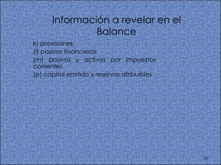 Información a revelar en el Balance k) provisiones;  (l) pasivos financieros (m) pasivos y activos por impuestos corrientes  (p) capital emitido y reservas atribuibles 