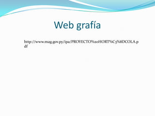 Web grafía
http://www.mag.gov.py/ipa/PROYECTO%20HORT%C3%8DCOLA.p
df
 