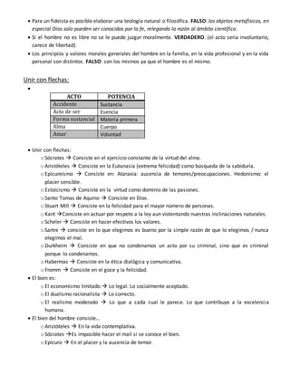  Para un fideista es posible elaborar una teología natural o filosófica. FALSO: los objetos metafísicos, en
especial Dios solo pueden ser conocidos por la fe, relegando la razón al ámbito científico.
 Si el hombre no es libre no se le puede juzgar moralmente. VERDADERO. (el acto seria involuntario,
carece de libertad).
 Los principios y valores morales generales del hombre en la familia, en la vida profesional y en la vida
personal son distintos. FALSO: son los mismos ya que el hombre es el mismo.
Unir con flechas:

ACTO POTENCIA
Accidente Sustancia
Acto de ser Esencia
Forma sustancial Materia primera
Alma Cuerpo
Amar Voluntad
 Unir con flechas:
o Sócrates  Consiste en el ejercicio constante de la virtud del alma.
o Aristóteles  Consiste en la Eutanasia (extrema felicidad) como búsqueda de la sabiduría.
o Epicureísmo  Consiste en: Ataraxia: ausencia de temores/preocupaciones. Hedonismo: el
placer sensible.
o Estoicismo  Consiste en la virtud como dominio de las pasiones.
o Santo Tomas de Aquino  Consiste en Dios.
o Stuart Mill  Consiste en la felicidad para el mayor número de personas.
o Kant Consiste en actuar por respeto a la ley aun violentando nuestras inclinaciones naturales.
o Scheler  Consiste en hacer efectivos los valores.
o Sartre  consiste en lo que elegimos es bueno por la simple razón de que lo elegimos / nunca
elegimos el mal.
o Durkheim  Consiste en que no condenamos un acto por su criminal, sino que es criminal
porque lo condenamos.
o Habermas  Consiste en la ética dialógica y comunicativa.
o Fromm  Consiste en el goce y la felicidad.
 El bien es:
o El economismo limitado  Lo legal. Lo socialmente aceptado.
o El dualismo racionalista  Lo correcto.
o El realismo moderado  Lo que a cada cual le parece. Lo que contribuye a la excelencia
humana.
 El bien del hombre consiste…
o Aristóteles  En la vida contemplativa.
o Sócrates Es imposible hacer el mail si se conoce el bien.
o Epicuro  En el placer y la ausencia de temor.
 