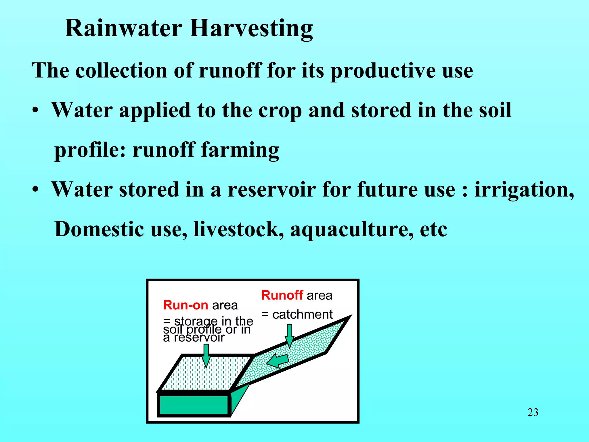 The collection of runoff for its productive use   Water applied to the crop and stored in the soil profile: runoff farming Water stored in a reservoir for future use : irrigation,  Domestic use, livestock, aquaculture, etc Rainwater Harvesting Run-on  area = storage in the soil profile or in a reservoir  Runoff  area = catchment 