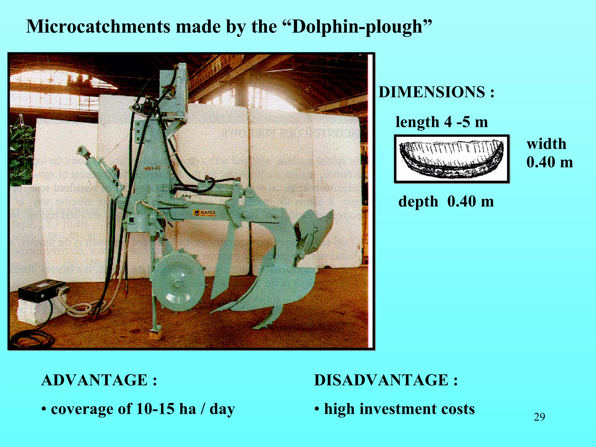 ADVANTAGE :  coverage of 10-15 ha / day DISADVANTAGE : high investment costs Microcatchments made by the “Dolphin-plough” width  0.40 m length 4 -5 m depth  0.40 m DIMENSIONS : 