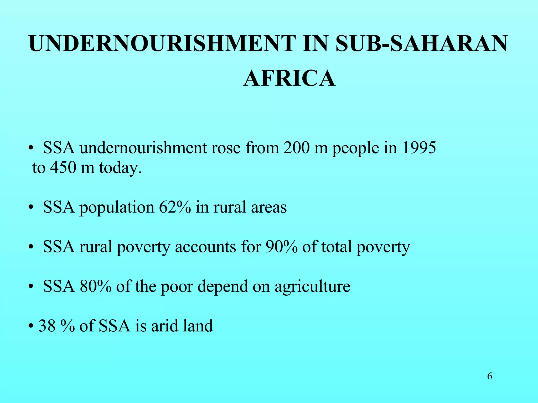 UNDERNOURISHMENT IN SUB-SAHARAN AFRICA SSA undernourishment rose from 200 m people in 1995  to 450 m today.  SSA population 62% in rural areas SSA rural poverty accounts for 90% of total poverty SSA 80% of the poor depend on agriculture 38 % of SSA is arid land  