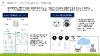 Copyright © 2016 Uhuru Corporation, All Right Reserved.
• 複合環境センサが手の届く範囲の値段となり、宅配ボックス等に設置できるようになってきた。
また、その状態をカメラでリアルタイム監視して判断することも安価に実現できるようになってき
た。
18
環境をデータ化するIoTデバイス導入例
オムロンの環境複合センサとアプリオムロンの環境複合センサとアプリ
• センサ単体の可視化は可能
• センサの状態から読み取っ
て状態を判断
（加速度や気圧から）
• 居室空間内でのセンシング
結果をクラウドに上げてノウ
ハウ化することが必要。
カメラによる個人の来店認識カメラによる個人の来店認識
• 小売流通店舗の店頭カメラ
• カメラで撮影した画像をクラウ
ド上の認識サービスに連携
• クラウド上の認識・判別サー
ビスによって個人を特定
• 特定した個人に様々なアプ
ローチを実施
＋
 