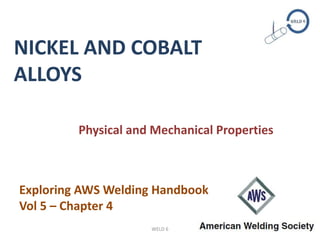 WELD 6
NICKEL AND COBALT
ALLOYS
Physical and Mechanical Properties
Exploring AWS Welding Handbook
Vol 5 – Chapter 4
 