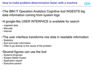 How to make problem determination faster with a machine
The IBM IT Operation Analytics Cognitive tool INGESTS big
data in...