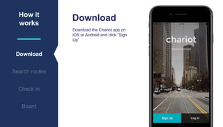 How it
works
Download
Search routes
Check in
Board
Download
Download the Chariot app on
iOS or Android and click “Sign
Up”
 