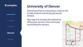 Examples
London
Denver
Austin
London
University of Denver
Chariot launched an intercampus route for DU
to help students and faculty get around
campus.
Next step if to increase the network by
offering the service to the community
surrounding the campus.
 