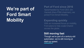 Spearheaded by Ford CEO Jim
Hackett (then-FSM chairman), we
joined Ford Smart Mobility.
Part of Ford since 2016
With an increased focus on mobility,
Ford plans to help scale Chariot
across the globe.
Expanding quickly
Though we’re part of a century-old
automaker, we’re still moving at
start-up speed.
Still moving fast
We’re part of
Ford Smart
Mobility
 