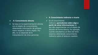  . 8. Conocimiento directo
 Se basa en la experimentación directa
con el objeto de conocimiento,
obteniendo información de primera
mano respecto a dicho objeto. Por
ello, no se depende de la
interpretación de otras personas.
 9. Conocimiento indirecto o vicario
 En el conocimiento
indirecto aprendemos sobre algo a
partir de otras informaciones sin
por ello experimentar con el objeto de
estudio de forma directa. Por ejemplo,
cuando estudiamos un libro de texto
estamos obteniendo conocimiento
indirecto sobre el tema en cuestión.
 