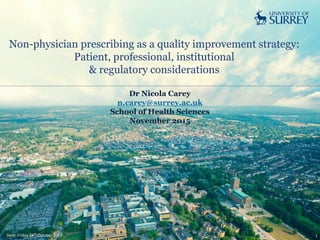 Non-physician prescribing as a quality improvement strategy:
Patient, professional, institutional
& regulatory considerations
Date: Friday 24th October 2014 1
Dr Nicola Carey
n.carey@surrey.ac.uk
School of Health Sciences
November 2015
 