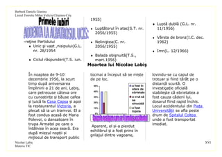 Barbură Daniela Gianina
Liceul Teoretic Mihai Veliciu Chişineu-Criş
                                               1955)
                                                                                    ♦ Luptă dublă (G.L. nr.
                                               ♦ Luptătorul în atac(S.T. nr.          11/1956)
                                                 2056/1955)
                                                                                    ♦ Vârsta de bronz(I.C. dec.
      -reţine Partidului                       ♦ Neliniştea(C. nr.                    1962)
         ♦ Unic şi vast ,nisipului(G.L.          2056/1955)
            nr. 28/1954                                                             ♦ Imn(L. 12/1966)
                                               ♦ Balada obişnuită(T.S.,
          ♦ Ciclul răspunderi(T.S. iun.          mart.1956)
                                              Moartea lui Nicolae Labiş

          În noaptea de 9-10                   tocmai a început să se miște         lovindu-se cu capul de
          decembrie 1956, la scurt             de pe loc.                           trotuar și fiind târât pe o
          timp după aniversarea                  50%                    a fost în
                                                                                    distanță scurtă. O
          împlinirii a 21 de ani, Labiș,                                stare de    investigație oficială
          care petrecuse câteva ore              40%
                                                                        ebrietate   stabilește că ebrietatea a
          cu cunoștințe și băuse cafea           30%                    a vrut să   fost cauza căderii lui,
                                                                        se
          și țuică la Casa Capșa și apoi         20%
                                                                        sinucidă
                                                                                    dosarul fiind rapid închis.
          la restaurantul Victoria, a            10%                    a fost
                                                                                    Locul accidentului din Piața
          plecat să ia un tramvai. El a                                 înpins      Universității se afla peste
                                                 0%
          fost condus acasă de Maria                                                drum de Spitalul Colțea
          Polevoi, o dansatoare în                                                  unde a fost transportat
          trupa Armatei pe care o                                                   imediat.
                                                Aparent, el și-a pierdut
          întâlnise în acea seară. Era
                                               echilibrul și a fost prins în
          după miezul nopții și
                                               grilajul dintre vagoane,
          mijlocul de transport public
Nicolae Labiş                                                                                                      XVI
Materia TIC
 