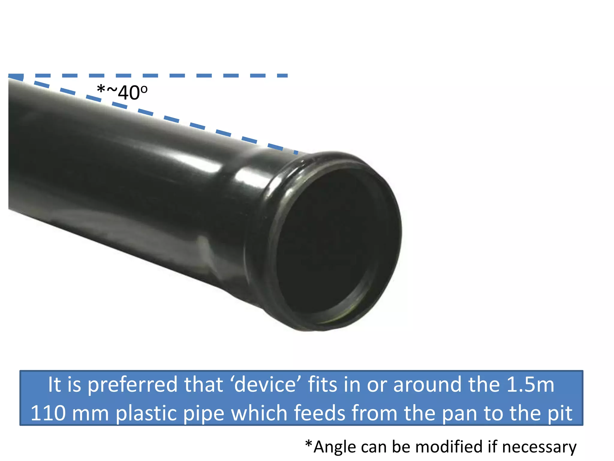 *~40o

It is preferred that ‘device’ fits in or around the 1.5m
110 mm plastic pipe which feeds from the pan to the pit
*Angle can be modified if necessary

 
