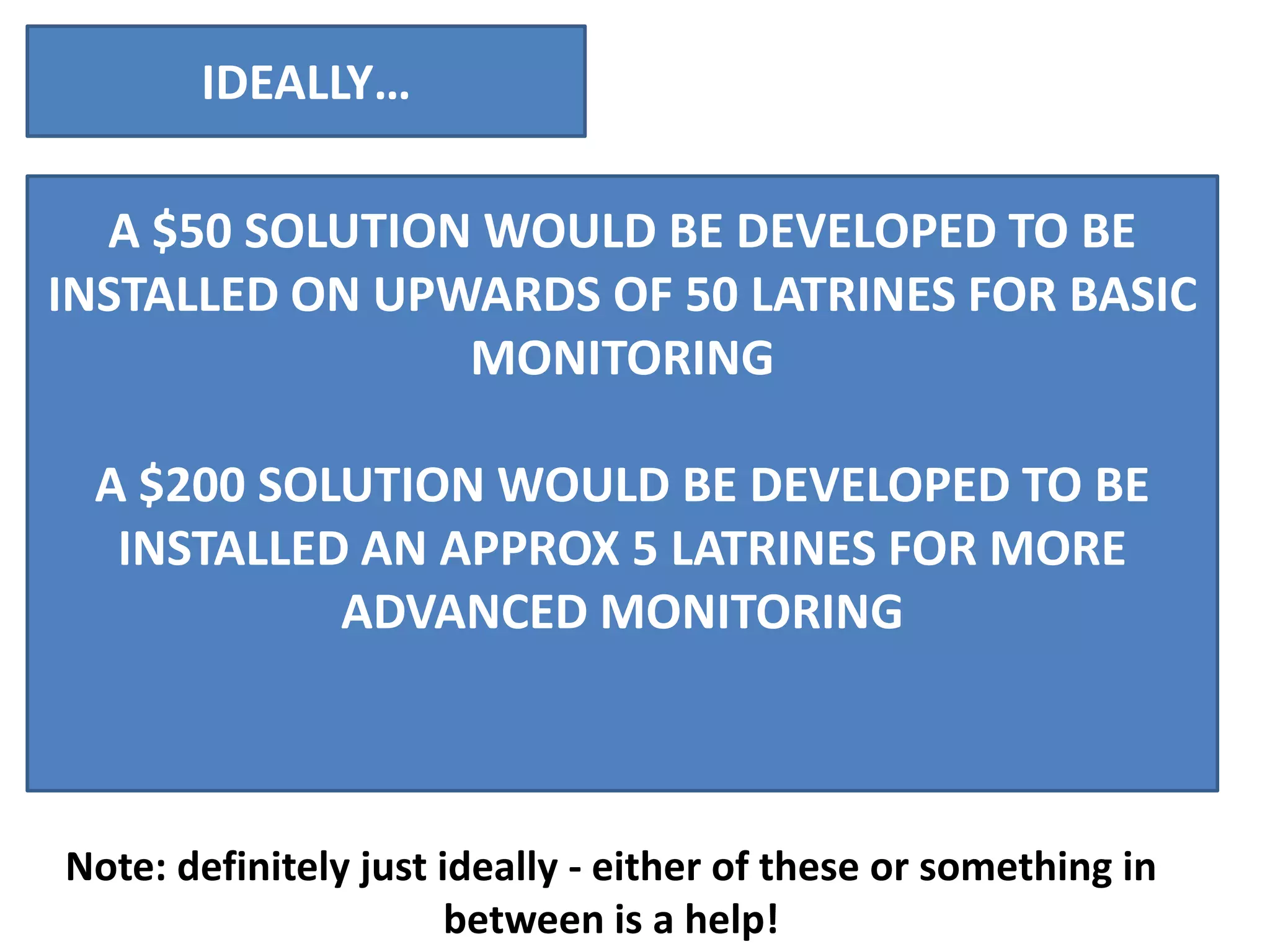 IDEALLY…
A $50 SOLUTION WOULD BE DEVELOPED TO BE
INSTALLED ON UPWARDS OF 50 LATRINES FOR BASIC
MONITORING
A $200 SOLUTION WOULD BE DEVELOPED TO BE
INSTALLED AN APPROX 5 LATRINES FOR MORE
ADVANCED MONITORING

Note: definitely just ideally - either of these or something in
between is a help!

 