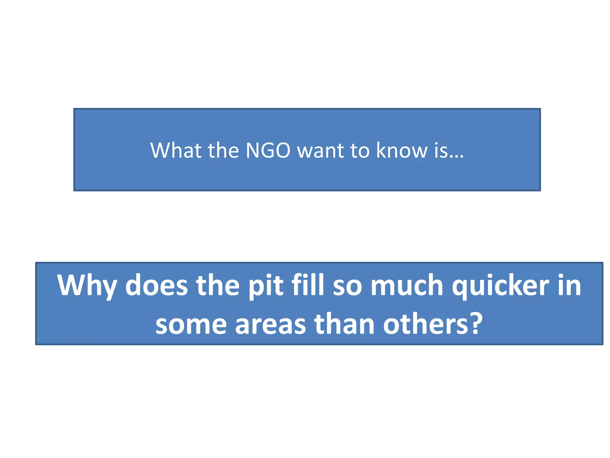 What the NGO want to know is…

Why does the pit fill so much quicker in
some areas than others?

 