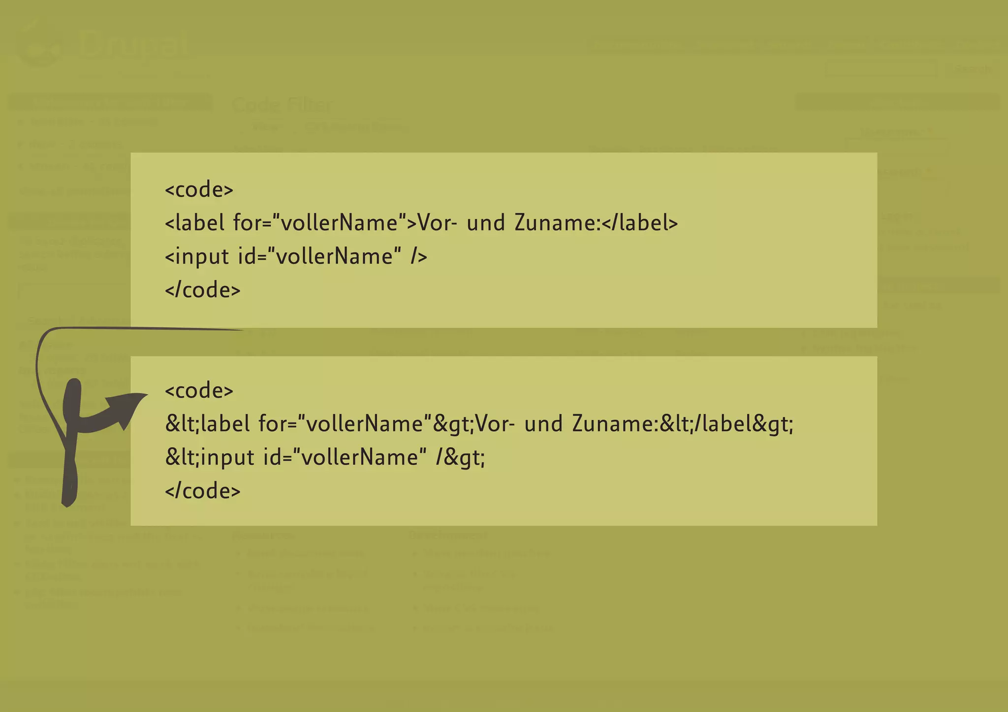 <code>
<label for=”vollerName”>Vor- und Zuname:</label>
<input id=”vollerName” />
</code>



<code>
<label for=”vollerName”>Vor- und Zuname:</label>
<input id=”vollerName” />
</code>
 
