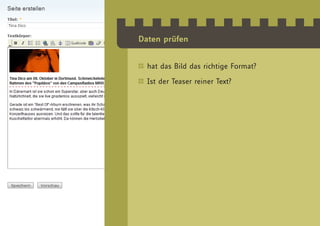 Daten prüfen


  hat das Bild das richtige Format?

  Ist der Teaser reiner Text?
 