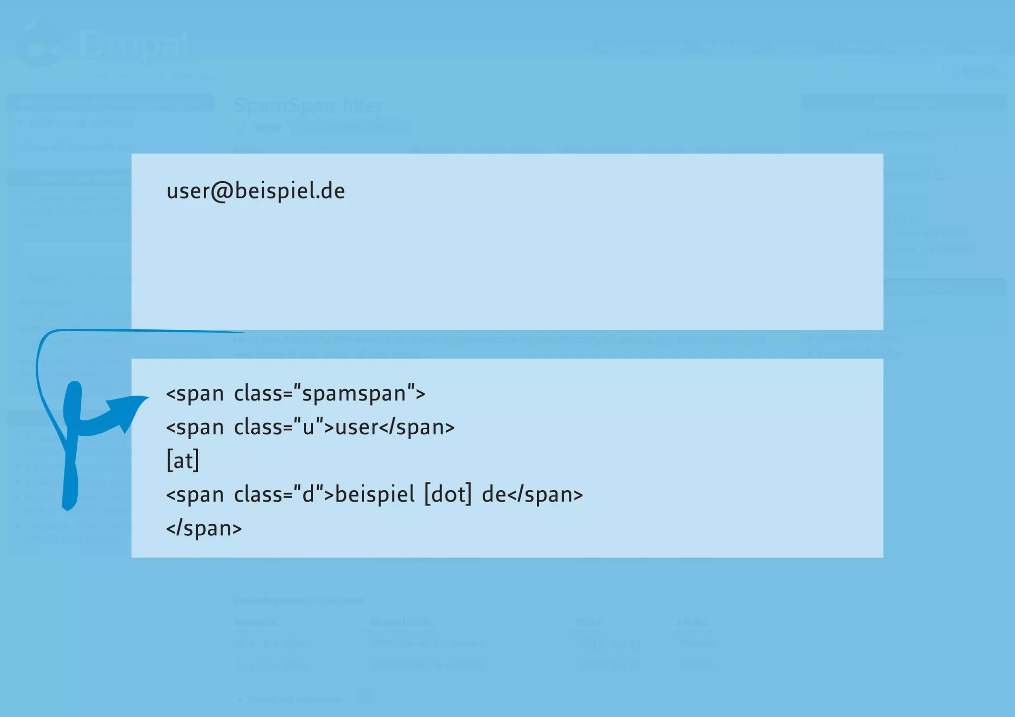 user@beispiel.de




<span class=”spamspan”>
<span class=”u”>user</span>
[at]
<span class=”d”>beispiel [dot] de</span>
</span>
 
