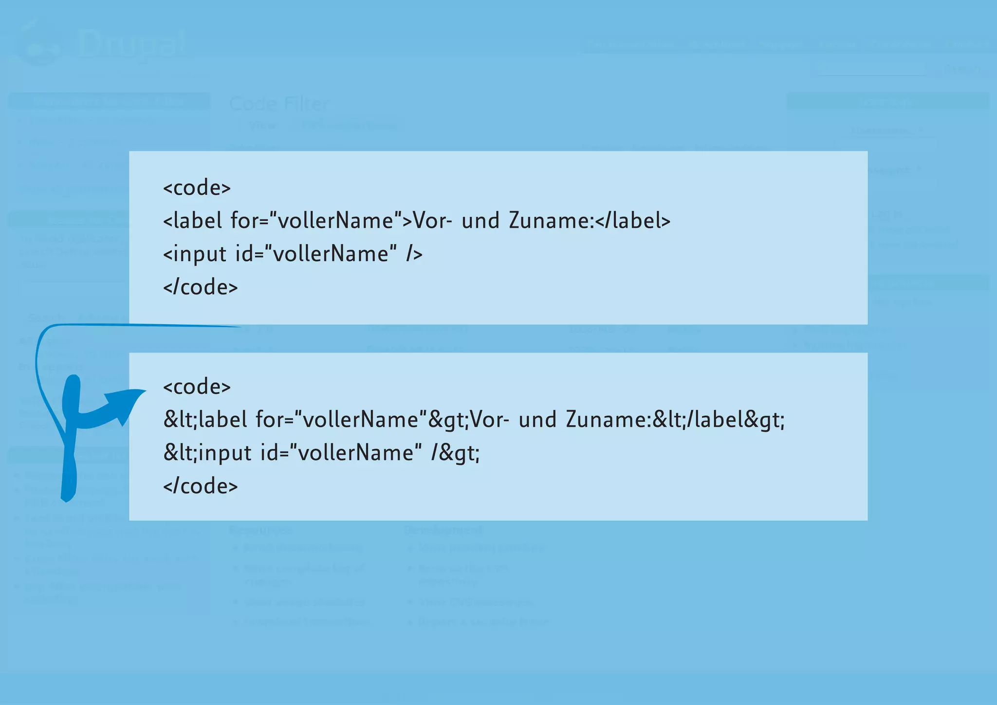 <code>
<label for=”vollerName”>Vor- und Zuname:</label>
<input id=”vollerName” />
</code>



<code>
<label for=”vollerName”>Vor- und Zuname:</label>
<input id=”vollerName” />
</code>
 