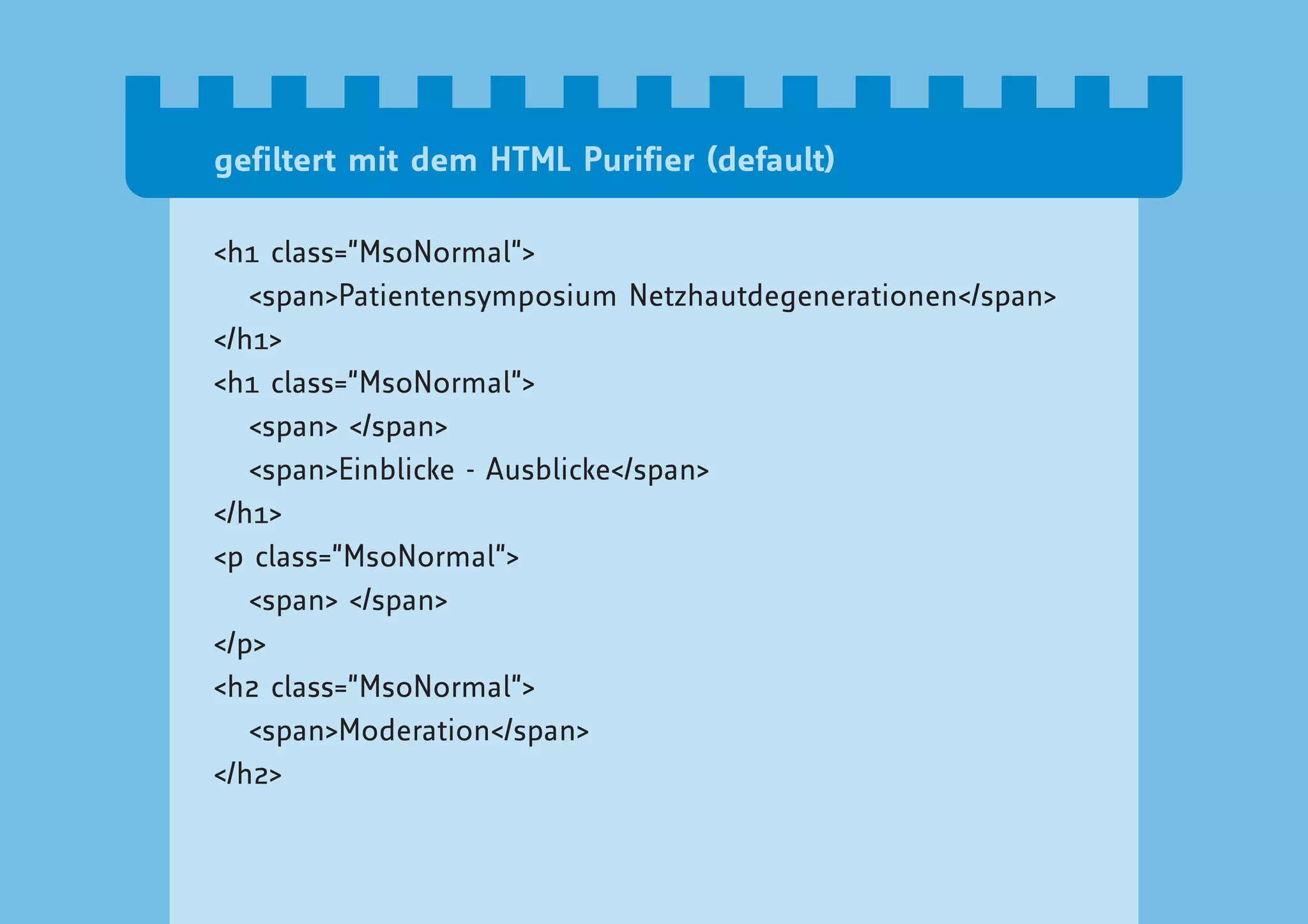 gefiltert mit dem HTML Purifier (default)

<h1 class=”MsoNormal”>
   <span>Patientensymposium Netzhautdegenerationen</span>
</h1>
<h1 class=”MsoNormal”>
   <span> </span>
   <span>Einblicke - Ausblicke</span>
</h1>
<p class=”MsoNormal”>
   <span> </span>
</p>
<h2 class=”MsoNormal”>
   <span>Moderation</span>
</h2>
 