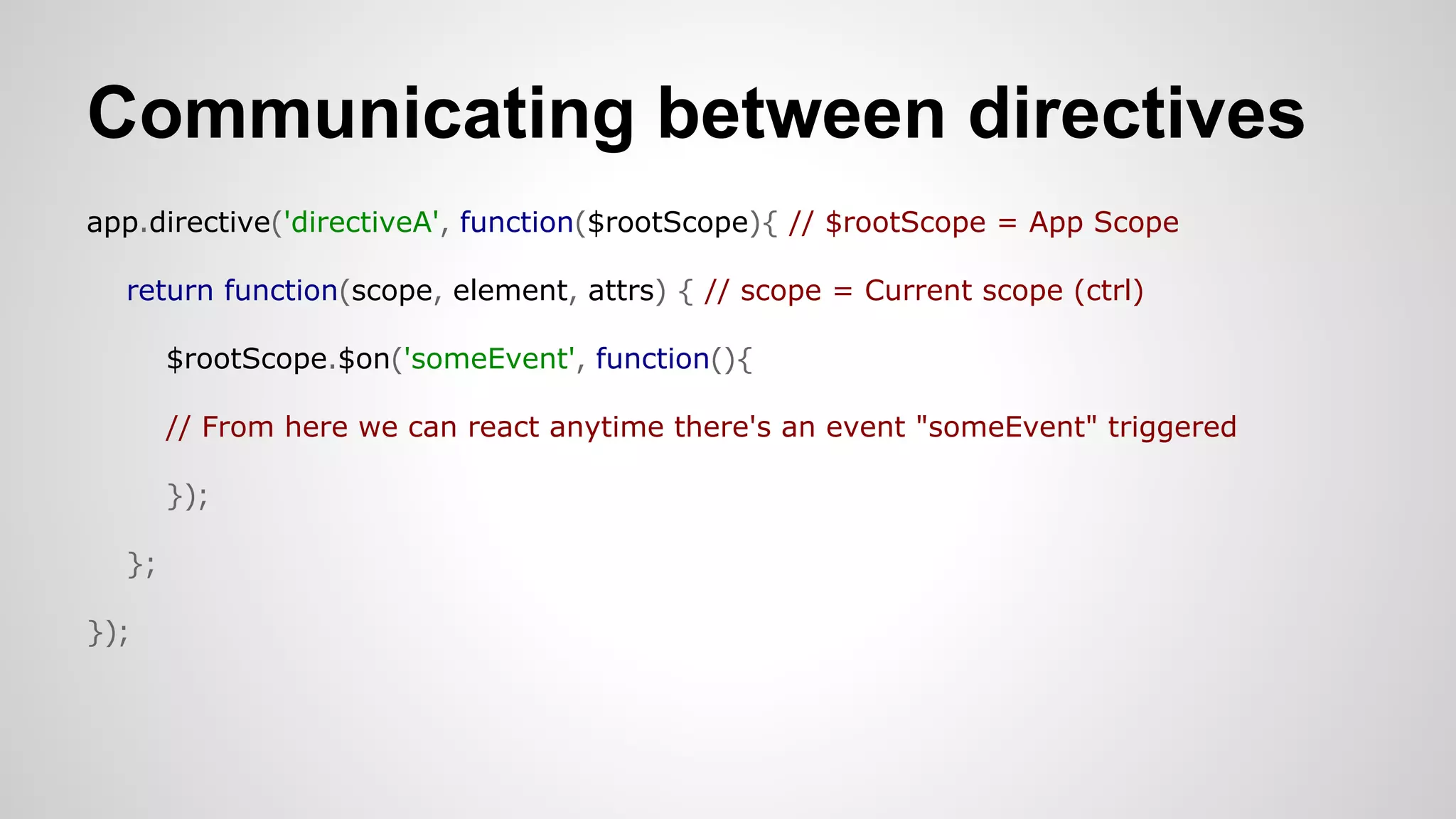 Communicating between directives
app.directive('directiveA', function($rootScope){ // $rootScope = App Scope
return function(scope, element, attrs) { // scope = Current scope (ctrl)
$rootScope.$on('someEvent', function(){
// From here we can react anytime there's an event "someEvent" triggered
});
};
});​

 