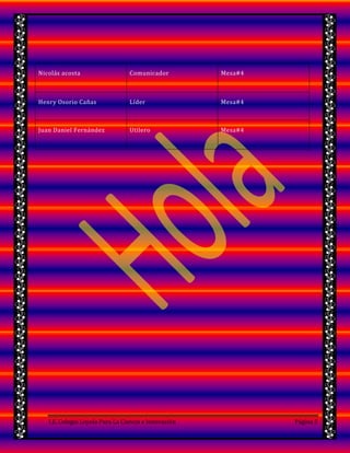 I.E. Colegio Loyola Para La Ciencia e Innovación Página 5
Nicolás acosta Comunicador Mesa#4
Henry Osorio Cañas Líder Mesa#4
Juan Daniel Fernández Utilero Mesa#4
 