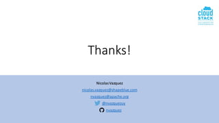 Thanks!
NicolasVazquez
nicolas.vazquez@shapeblue.com
nvazquez@apache.org
@nvazquezuy
nvazquez
 