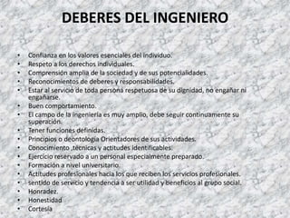 DEBERES DEL INGENIEROConfianza en los valores esenciales del individuo.Respeto a los derechos individuales.Comprensión amplia de la sociedad y de sus potencialidades.Reconocimientos de deberes y responsabilidades.Estar al servicio de toda persona respetuosa de su dignidad, no engañar ni engañarse.Buen comportamiento.El campo de la ingeniería es muy amplio, debe seguir continuamente su superación.Tener funciones definidas.Principios o deontología Orientadores de sus actividades.Conocimiento ,técnicas y actitudes identificables.Ejercicio reservado a un personal especialmente preparado.Formación a nivel universitario.Actitudes profesionales hacia los que reciben los servicios profesionales.sentido de servicio y tendencia a ser utilidad y beneficios al grupo social.Honradez.HonestidadCortesía