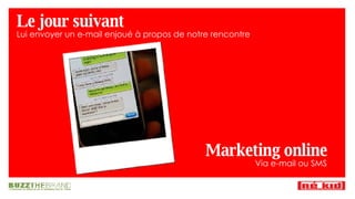 Le jour suivant Lui envoyer un e-mail enjoué à propos de notre rencontre Marketing online Via e-mail ou SMS 