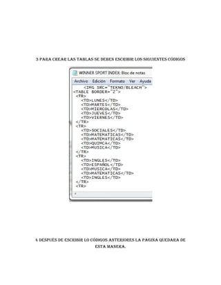 3 para crear las tablas se deben escribir los siguientes códigos

4 DESPUÉS DE ESCRIBIR LO CÓDIGOS ANTERIORES LA PAGINA QUEDARA DE
ESTA MANERA.

 