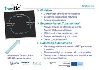 Conclusiones

                           El viajero
                              Consumidor conectado y sofisticado
                              Buscando experiencias naturales
                              Amante de naturaleza
                           Empresarios del Turismo rural
                              Nuevos medios en atención al cliente,
                              Acceso al cliente multicanal.
                              Métodos directos y en tiempo real.
                              En que medios estar y sus costes
                              Oferta complementaria
                           Gobiernos Autonómicos
                              Marketing y comunicación con NNTT para atraer
                              a viajeros
                              Planes estratégicos de desarrollo zonas rurales.
Incremento Turismo Rural      Colaboración publico-privada para rehabilitación
311.946 pernoctaciones        de patrimonio histórico
                                             Con la participación de la
                                                       Unión Europea
                                            Proyecto cofinanciado por
                                                               FEDER
 