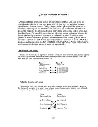 21
¿Que son relaciones en Access?
En los apartados anteriores hemos preparado dos Tablas: una para llevar el
control de los clientes y otra para llevar el control de las propiedades. Hemos
definido en común un campo: Código de propiedad. ¿Por qué? Necesitamos un
campo en común para las dos tablas de forma que en la tabla PROPIEDADES
podamos introducir las propiedades que sean, cada una con su código único que
las identificará. Pero también necesitamos introducir datos en la tabla clientes de
forma que le asignemos una propiedad a cada uno de ellos. Posteriormente
podemos realizar consultas y crear formularios de las dos tablas, gracias a este
campo en común. De esta forma, podemos introducir datos en la tabla CLIENTES
pero asegurándonos que existen en la tabla PROPIEDADES. Así no habrá lugar a
equivocaciones. Lo que vamos a hacer es una relación.
Relación de uno a uno:
En este tipo de relación, un registro de la tabla 1 sólo puede estar enlazado con un único registro
de la tabla 2 y viceversa. Este tipo de relación es la que menos se utiliza. Un ejemplo podría ser
éste, en el que cada persona tiene un único DNI:
Relación de varios a varios:
Cada registro de la tabla 1 puede estar enlazado con varios registros de la tabla 2 y viceversa.
En el siguiente ejemplo, en la tabla 1 cada película pueden trabajar varios actores y, en la tabla 2,
un mismo actor puede trabajar en varias películas:
 