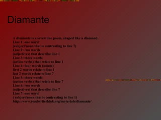 Diamante  A diamante is a seven line poem, shaped like a diamond.   Line 1: one word (subject/noun that is contrasting to line 7)  Line 2: two words (adjectives) that describe line 1  Line 3: three words (action verbs) that relate to line 1  Line 4: four words (nouns) first 2 words relate to line 1 last 2 words relate to line 7  Line 5: three words (action verbs) that relate to line 7  Line 6: two words (adjectives) that describe line 7  Line 7: one word ( subject/noun that is contrasting to line 1)   http://www.readwritethink.org/materials/diamante/ 