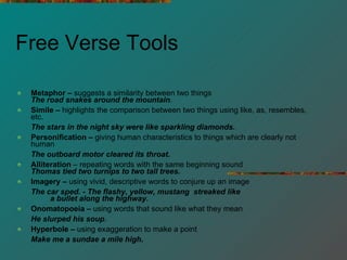 Free Verse Tools Metaphor –  suggests a similarity between two things  The road snakes around the mountain .  Simile –  highlights the comparison between two things using like, as, resembles, etc.            The stars in the night sky were like sparkling diamonds. Personification –  giving human characteristics to things which are clearly not human                      The outboard motor cleared its throat. Alliteration  – repeating words with the same beginning sound Thomas tied two turnips to two tall trees.   Imagery –  using vivid, descriptive words to conjure up an image          The car sped. - The flashy, yellow, mustang  streaked like          a bullet along the highway. Onomatopoeia –  using words that sound like what they mean           He slurped his soup .  Hyperbole –  using   exaggeration to make a point          Make me a   sundae a mile high . 