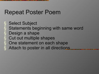 Repeat Poster Poem Select Subject Statements beginning with same word Design a shape Cut out multiple shapes One statement on each shape Attach to poster in all directions 